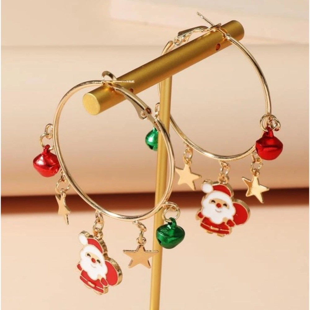 Happy Holidays✨🎅🏼🎄🎁Santa Jingle Bells Christmas Ornament Charm Hoop Earr… - Picture 1 of 3